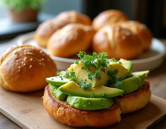Et utvalg av ferske bakervarer og en appetittvekkende avokadotoast.